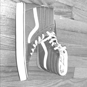 Gray and white high top vans